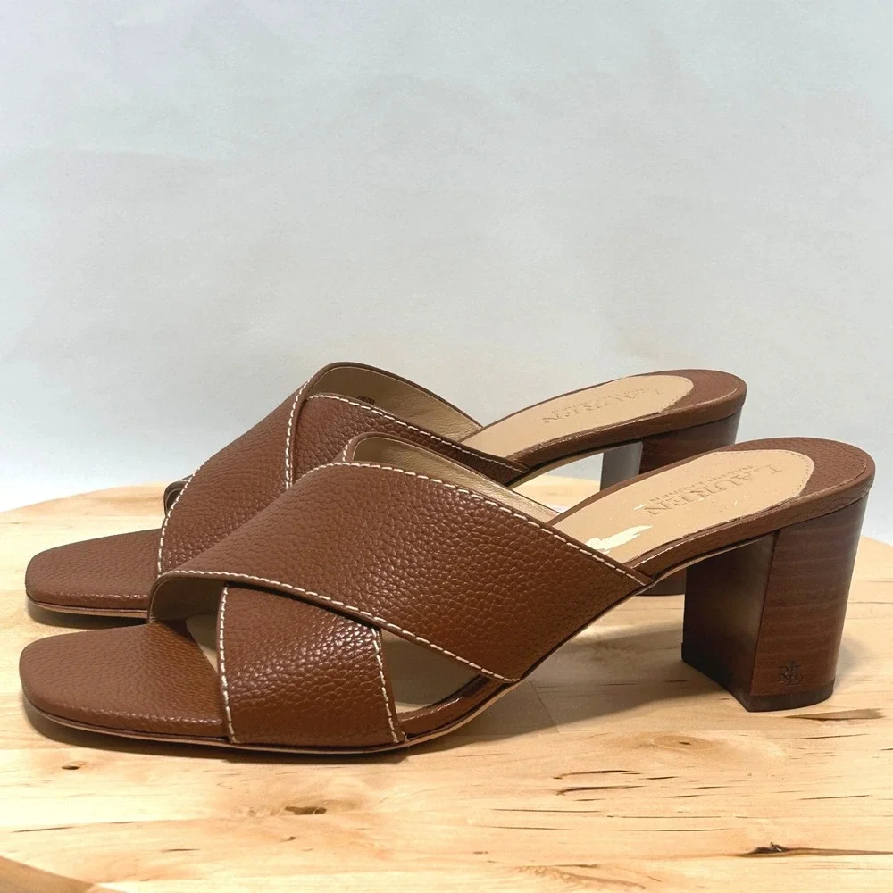 LAUREN Ralph Lauren Women's Brown Leather Slip On Strappy Freddi Sandal- Size 7B